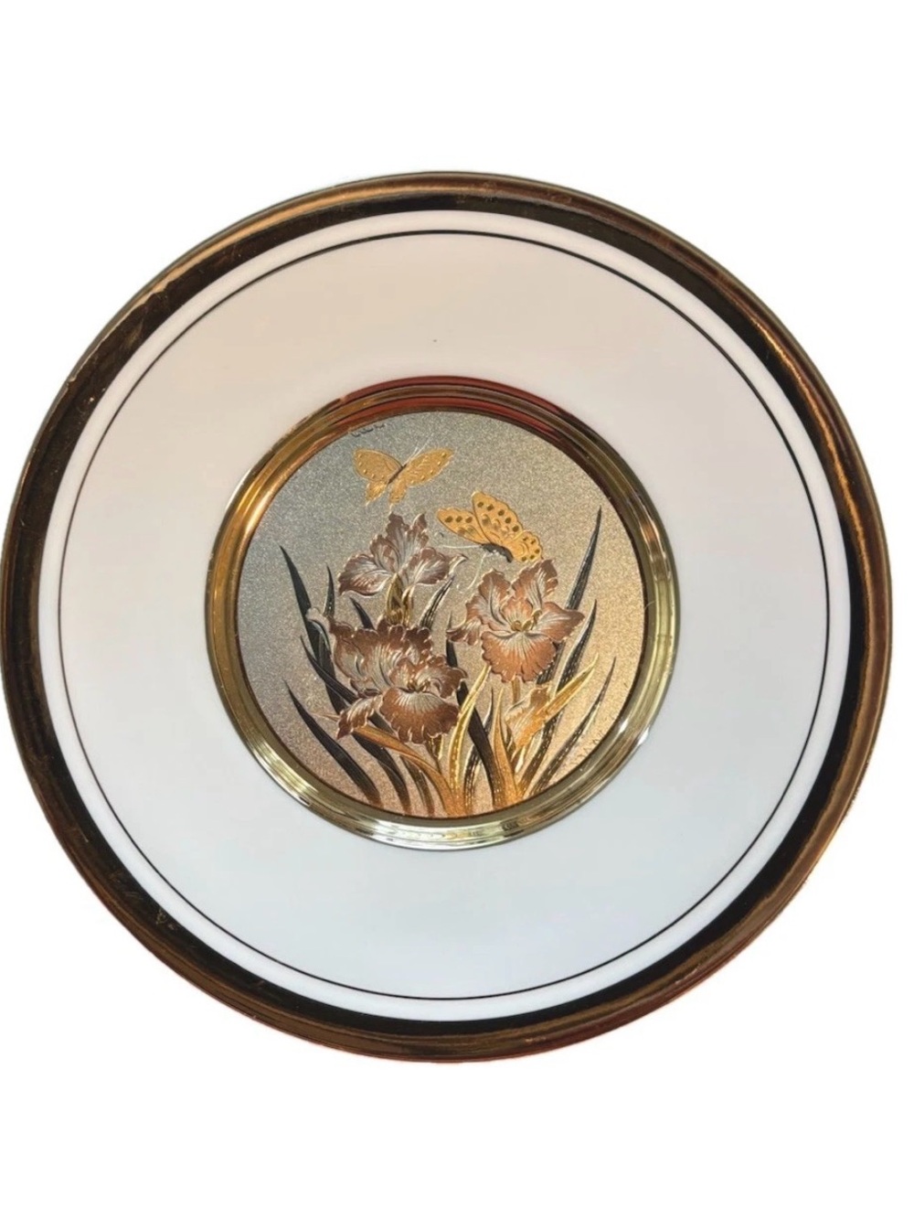 Vintage Art of Chokin 24K Gold Trim Plate Iris & Butterflies Made in Japan 7.75”